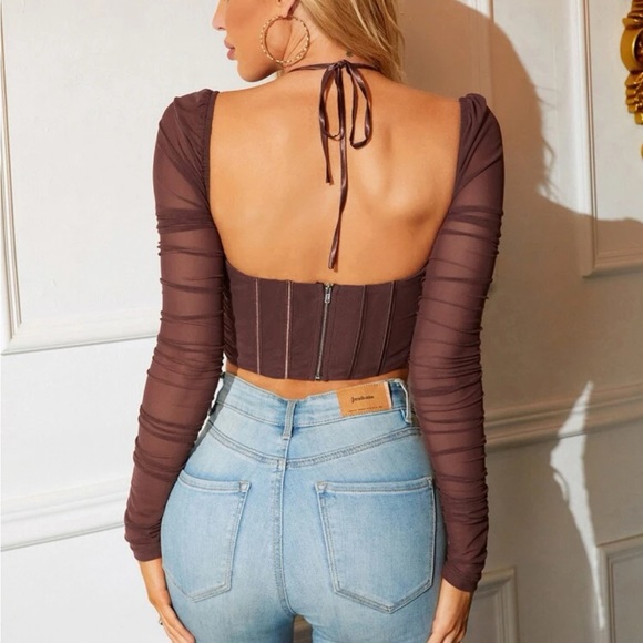 Tie Backless Ruched Hanky Hem Mesh Crop Corset Top - Picture 2 of 4